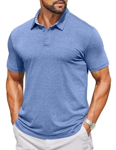 COOFANDY Men's Casual Polo Shirts Short Sleeve Button Collared Shirt Solid Color Soft Stretch Tees Golf Stylish Tops Blue