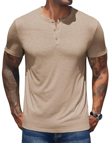 COOFANDY Mens Henley T Shirts Short Sleeve Tee Button Shirts Casual Collarless Tshirt Banded Collar Shirt Khaki
