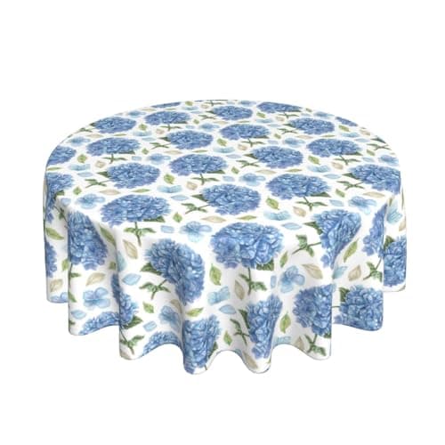 Yxuiyal Spring Floral Tablecloths 70 Inch Blue Hydrangea Flower Decorative Round Tablecloth Summer Polyester Washable Reusable 70 inch Table Cover for Home Kitchen Dining Room Party Outdoor Picnic