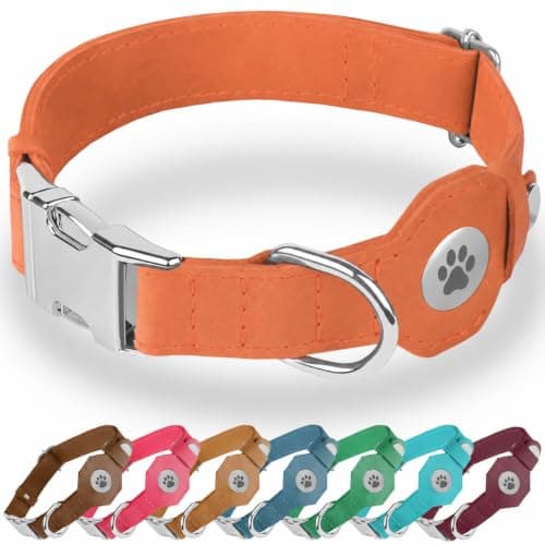 BUDKAS Leather Dog Collar with Airtag Holder - Soft Adjustable Airtag Dog Collar with Metal Buckle - GPS Tracking Air Tag Pet Collar for Small Large Dogs (Peach, XL, 20"-25" Neck Fit)