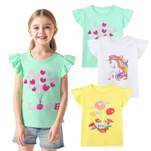 HILEELANG Little Girl Short Sleeve Tees Summer Easter Ruffle White Unicorn Yellow Green Heart Cotton Tops Shirts 5 T