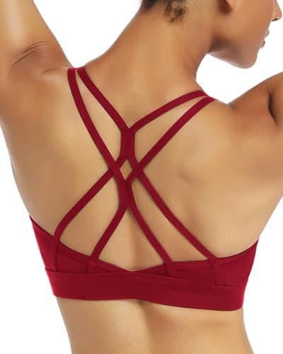 RUNNING GIRL Strappy Sports Bra for Women Sexy Crisscross Back Light Support Yoga Bra with Removable Cups Wine Red