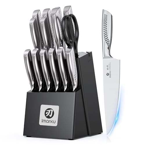 imarku® Kitchen Knife Set, 15 Pcs Japanese Knife Set with Block, Premium Razor-Sharp Chef Knives Set for Kitchen with Sharpener, Rust-Proof, Ergonomic Full-Tang Handle, Black