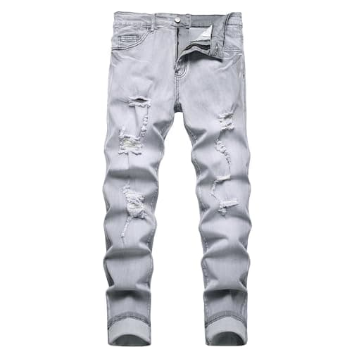MXCVYCC Men's Ripped Jeans,Slim Fit Skinny Jeans for Men Drak Blue Stretch Fashion Denim Pants (30, Gray-Jean Men)