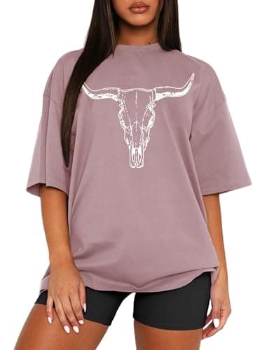 MAPICK Women Cow Skull Graphic Tops Crewneck Short Sleeve T-Shirts Western Wear Vintage Casual Tees(Mushroom,Small)
