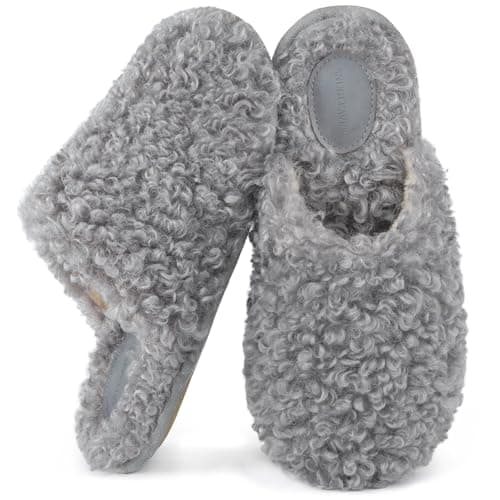 Snug Leaves Women's Scuff Slippers Furry Cute Curly Faux Wool Slip-on Indoor Memory Foam House Shoes Ash Gray, 11-12 US