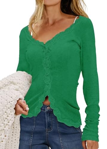 Lacozy Womens Button Up Cardigan Fall Lightweight Longs Sleeve Open Front Cardigan Sweater V-Neck Lace Trim Green M