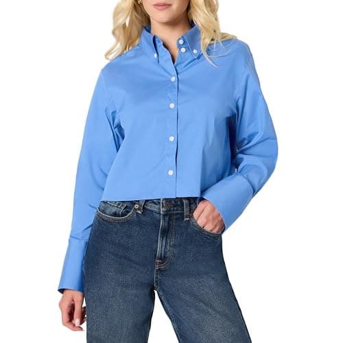 Amazon Essentials Women's Oversized-Fit Stretch Poplin Button-Down Dress Shirt, Cotton Blend, Blue, Small