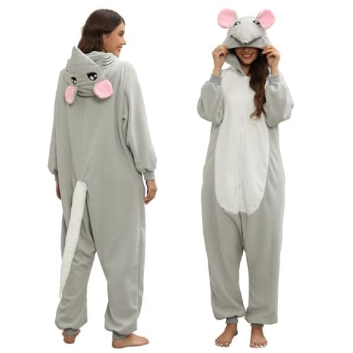 NAMHTOM Rat Costume Adult Men Rat Onesie Pajamas Mouse Halloween Costumes Animal Cosplay Pajamas Warm Sleepwear for Men Women M