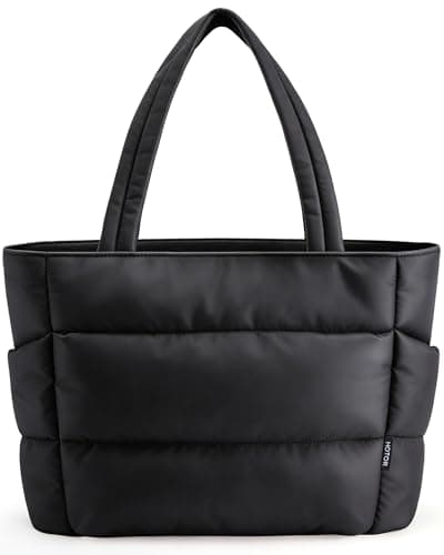 HOTOR Puffer Tote Bag for Women, Nurses - Multi-Pocket Lightweight Bag for Work - Quilted Handbag for Travel and Gym, Black, 18.1" x 6.3" x 11.8"