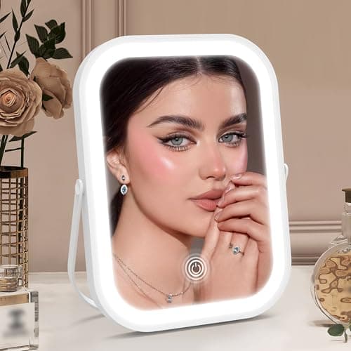 ROLOVE Rechargeable Makeup Mirror, 6x8 Inch Portable Vanity Mirror with Lights, 3-Color Dimmable LED Lighting, Tabletop Mirror, Travel Essentials
