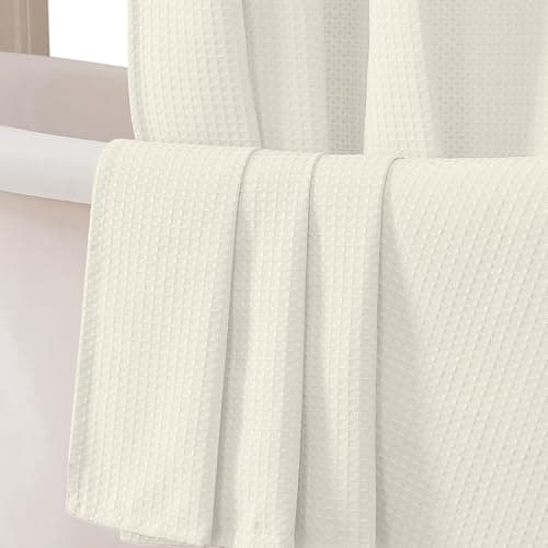 OVZME Long Fabric Shower Curtain Set, Waffle Textured Shower Curtain for Bathroom - Weight 230GSM Heavy Duty Hotel Spa Luxury Bath Curtain Set with 12 Plastic Hooks, 72x78, Cream