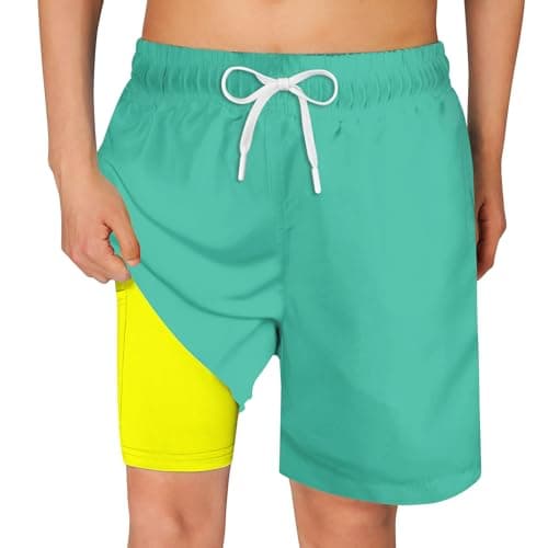 Belovecol Boys Swim Trunks with Compression Liner Size 8 Solid Green Bathing Suits Beach Fashion Bright Swim Shorts