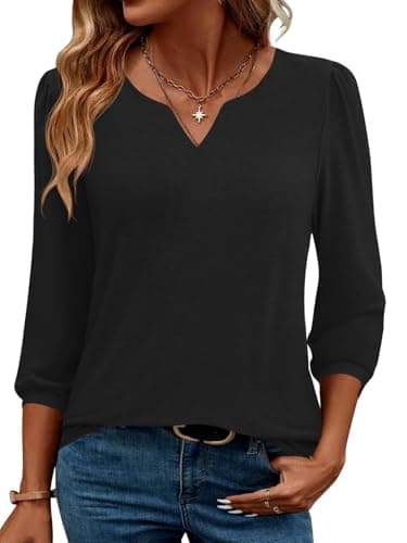 LUYAA Blouses for Women Dressy Casual 3/4 Sleeve Ladies V-Neck Tops Loose Fit Work Puff Sleeve Shirts Business Tunic Summer Trendy T-Shirt Black