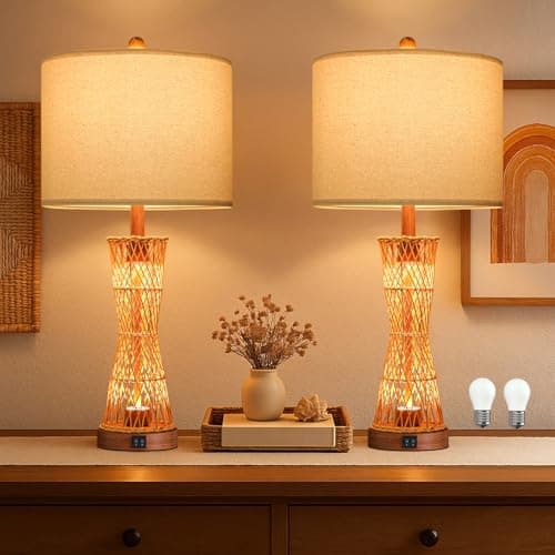 OYEARS 27" Table Lamps Set of 2 with Rattan & Dual Lights, Boho Lamps for Nightstands, Bedside Lamps for Bedroom, Nightstand Lamp for Living Room, Farmhouse Table Lamp for Office & Study
