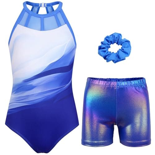 JOYSTREAM Gymnastics Leotards for Girls With Shorts Sparkly Ballet Dance Mesh Tank Activewear White-Blue,8-9Years