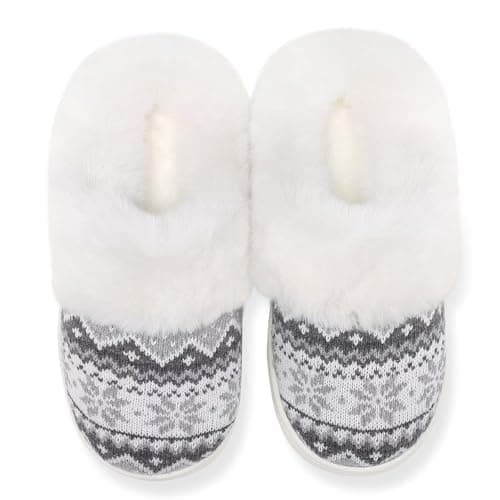 NineCiFun Women's Warm Christmas Slippers House Shoes White Grey 7-8