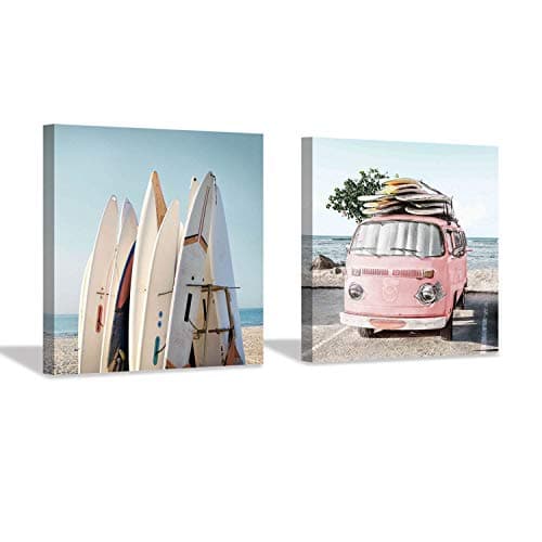 Hardy Gallery Beach Picture Coastal Art Painting: Surfboard & Pink Car Ocean Wall Art on Canvas for Bedroom Bathroom (12” x 12” x 2 Panels)