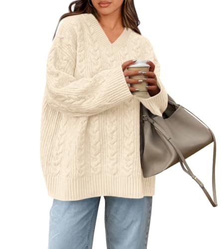 Okiwam Sweaters for Women Ovesized V Neck Cable Knit Pullover Tops,Beige,M