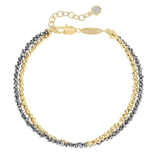 MEVECCO Gold Bracelet for Women 18K Gold Plated Black Hematite Spinel Stone Mixed Layered Bracelets Handmade Beaded Custom Charm Chain Bracelet Stack Dainty Jewelry Gifts
