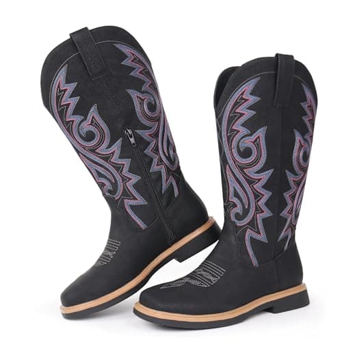Hawkwell Women's Cowboy Cowgirl Boots Square Toe Side Zipper Embroidered Low Heel Dress Western Mid Calf Boot,Synthetic Leather Black,8 M US