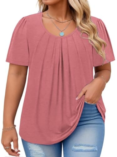 Plus Size Tops for Women 3X Summer Crew Neck Blouses Casual Loose Fit Short Sleeve Tunics Pink