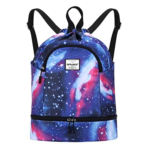 HAWEE Dry Wet Drawstring Backpack with Shoe Compartment for Women and Men Waterproof Yoga String Bag Outdoor Sports Rucksack for Gym/Beach/Swim Pool, Galaxy