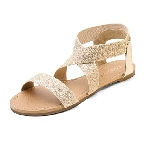DREAM PAIRS Women's Elastic Ankle Strap Flat Sandals Summer Dressy Shoes Cute Strappy Gladiator Sandals,Size 5.5,Gold/Pu,ELATICA-6