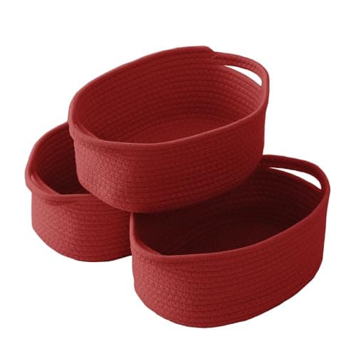JMvicyroam Woven Basket,Small Rope Storage Bin with Handles & Ribbon Bag, Organizer for Shelves Closets,Gift Basket Empty for Birthday,Books,Dog Toys, Red/3 Pack