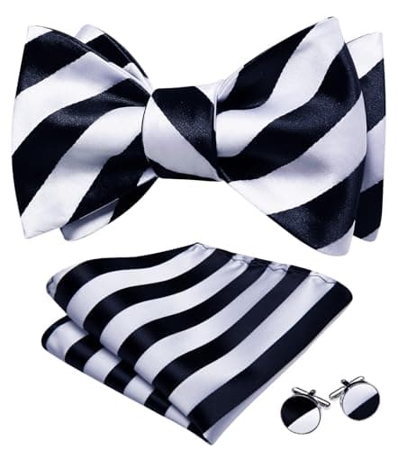Barry.Wang Self Tie Bow Ties for Men Black and White Bow Tie and Pocket Square Cufflinks Set Paisley Flower Bowtie Party