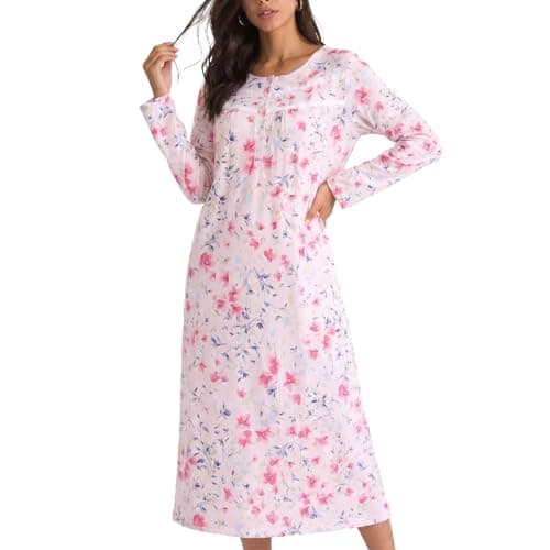 IZZY + TOBY Cotton Nightgowns for Women Long Sleeve Soft Long Length Warm Nightdress Pink & Green XL