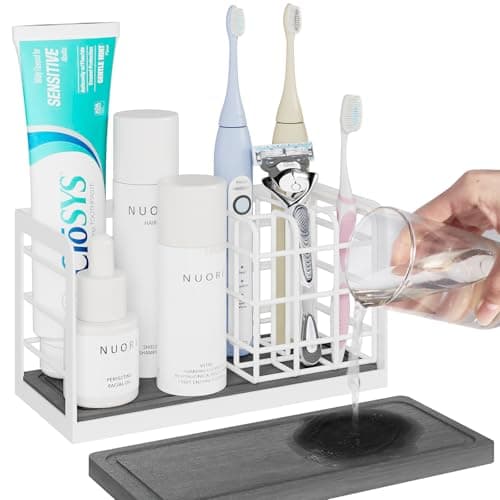 NANAGIFTREE Toothbrush Holders, Bathroom Organizers and Storage with Instant Drying Stone, 6 Slots Bathroom Accessories with Adjustable Toothpaste Holders, Bathroom Counter Organizer