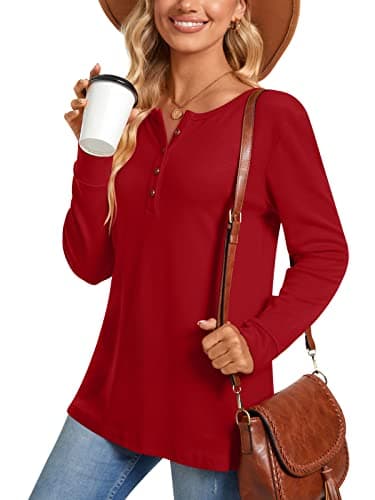 Aodemo Women's Henley Tops Fall Long Sleeve Button Up Tunic Casual Loose Winter Sweatshirt L, Red