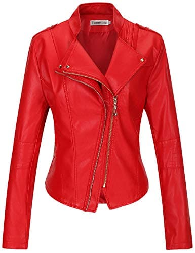Tanming Women's Faux Leather Moto Biker Short Coat Jacket (Red16-XS)