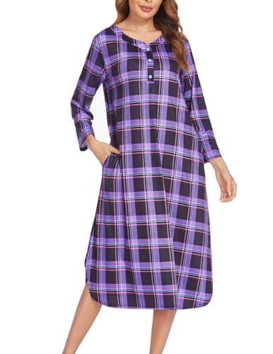 Ekouaer Long Nightgowns for Women Button Sleepwear House Dress with Pockets