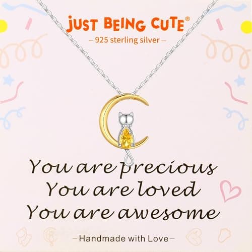 November Birthstone Necklace 925 Sterling Silver Moon Cat Pendant for Girls