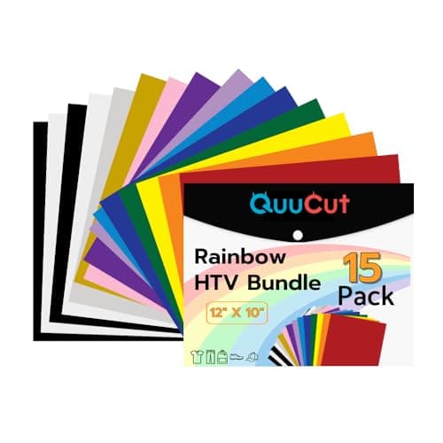QuuCut Heat Transfer Vinyl Bundle: 15 Pack 12" x 10" Sheets, Rainbow HTV, 13 Assorted Full Matte Color Iron on Vinyl for T-Shirts, Cricut & Silhouette - Easy to Cut & Weed