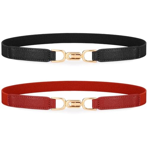 XZQTIVE Women Elastic Thin Belts for Dress Skinny Stretch Plus Size Black Brown Waist Belts with Fashion Gold Buckle Set of 2