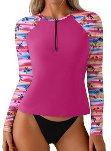 Dokotoo Women's Modest Swimwear Top Long Sleeve Rash Guard Front Zip Sun Shirt for Pool and Beach Hot Pink XX-Large