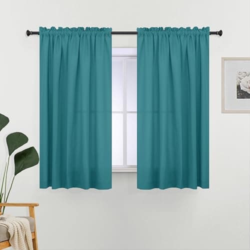 L.Z.E Non-See-Through Privacy Curtains 63 Inch Length 2 Panels Set, Teal Light Filtering Curtains for Living Room Bedroom Nursery, Rod Pocket Short Window Panels