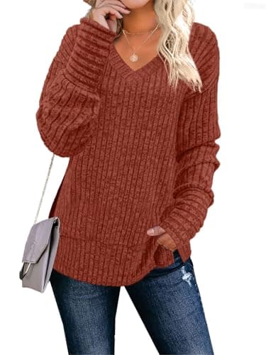 JomeDesign Long Sleeve Shirts for Women V Neck Oversized Sweaters for Women Trendy Caramel