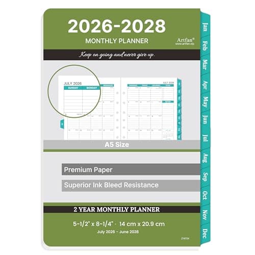 2026-2028 Monthly Planner Refill - Planner Inserts with 7-Hole Punched, 5-1/2" x 8-1/2", July 2026 to June 2028, Two Pages Per Month, 2026-2028 Calendar with Monthly Tabs