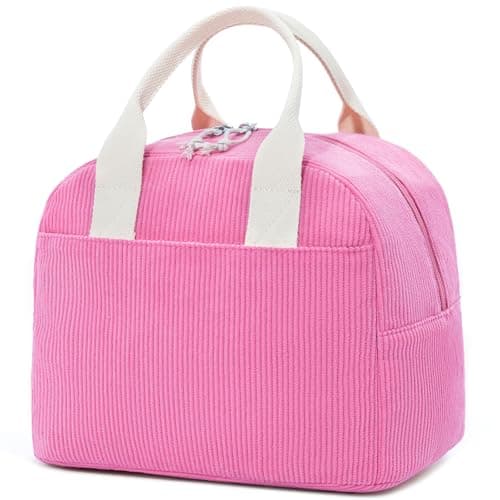 LOVELYWIND Insulated Vintage Pink Lunch Bag for Women, Stylish Corduroy Tote with Aluminum Lining, Large Capacity Reusable Cooler for Work, Travel, or Beach, Beige Cream Water-Resistant Lunch Box
