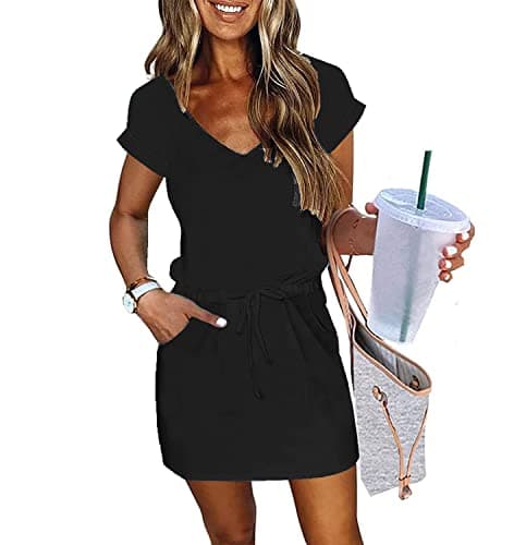 Womens Summer Dress Lantern Sleeve Square Neck Tie Front A-Line Double Layer Hem Mini Dresses Black