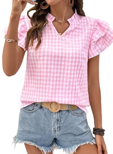 SHEWIN Womens Tops Casual V Neck Short Sleeve Shirts for Women Lightweight Babydoll Tops Spring Outfits Pullover Shirts for Women,(US 12-14) L,Pink