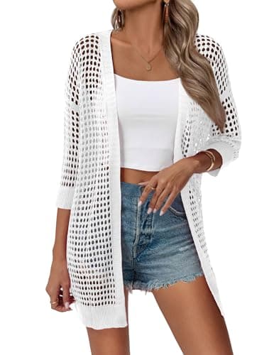 Zeagoo Women's Lightweight Summer Crochet Cardigan Short Sleeve Boho Kimono Oversized Open Front Knitted Sweater White