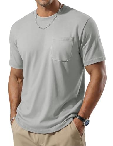 TACVASEN Pocket Tee Shirts Mens Short Sleeve SPF 80+ Crewneck T Shirts Lightweight Soft Summer Breathable Casual Basic Plain Tops Light Grey L