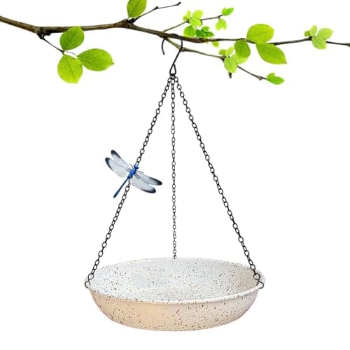 FKKsparkler Hanging Metal White Birdbath with Gold spot 11 inches Wildbird Bird Feeder for Outdoor with Black Chains for Garden Yard Decor