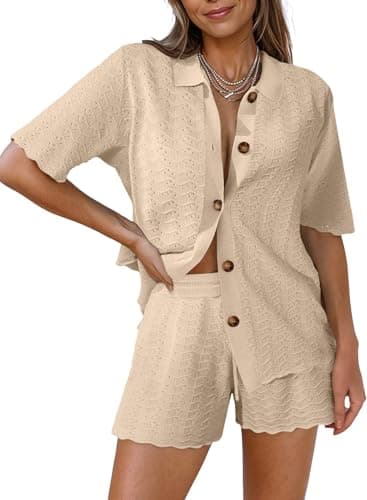 Pink Queen 2 Piece Shorts Set for Women Short Sleeve Button Down Sweater Top and Shorts Outfits Lounge Sets Beige Large