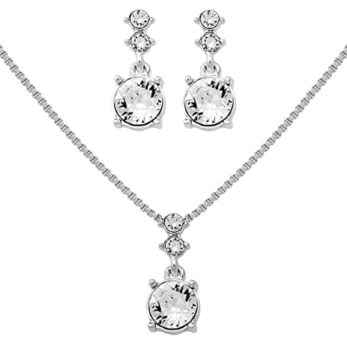 Nine West Women's Crystal Necklace Earrings Set Silver Tone